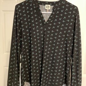 Anne Klein Black Blouse with Green Floral Pattern